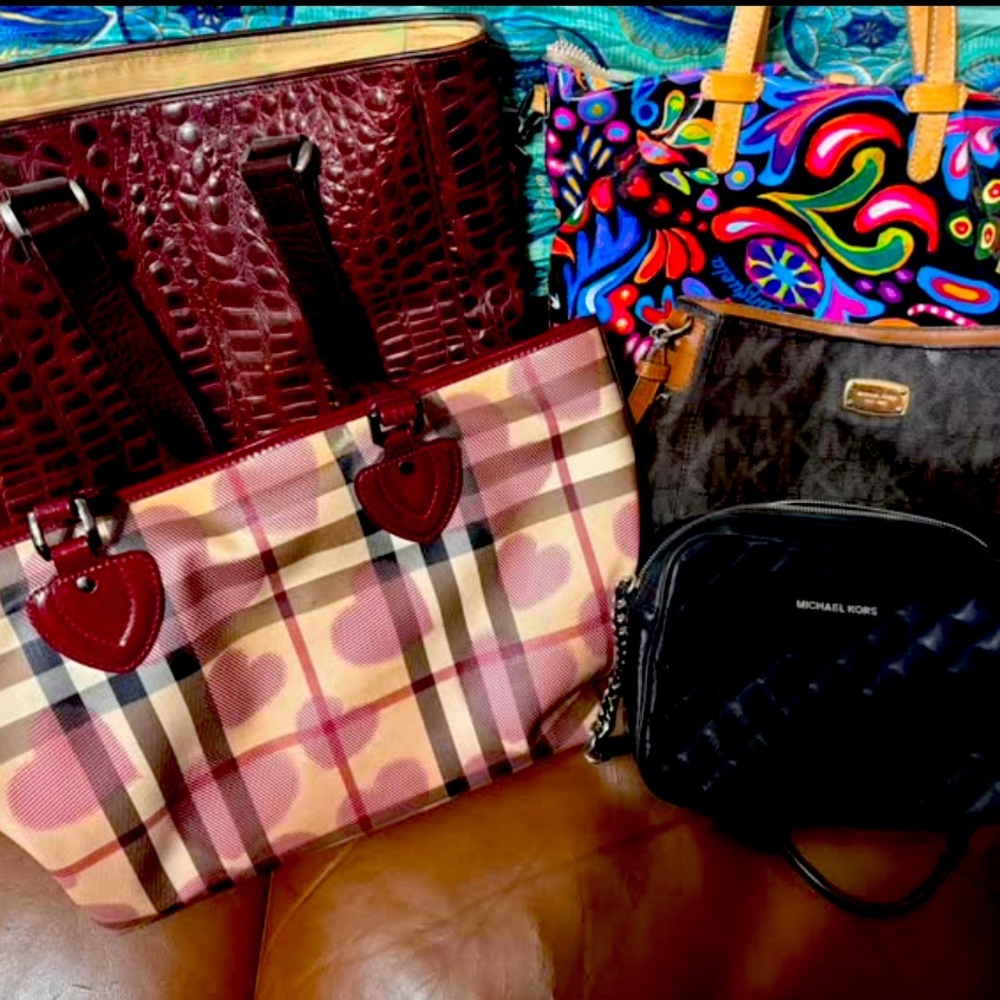Michael Kors, Burberry, Consuela burgundy bag, Consuela multicolor bag